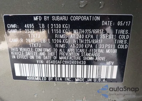 2017 Subaru Outback 2.5I Premium z USA, uszkodzony, nr VIN 4S4BSAFC8H3409430